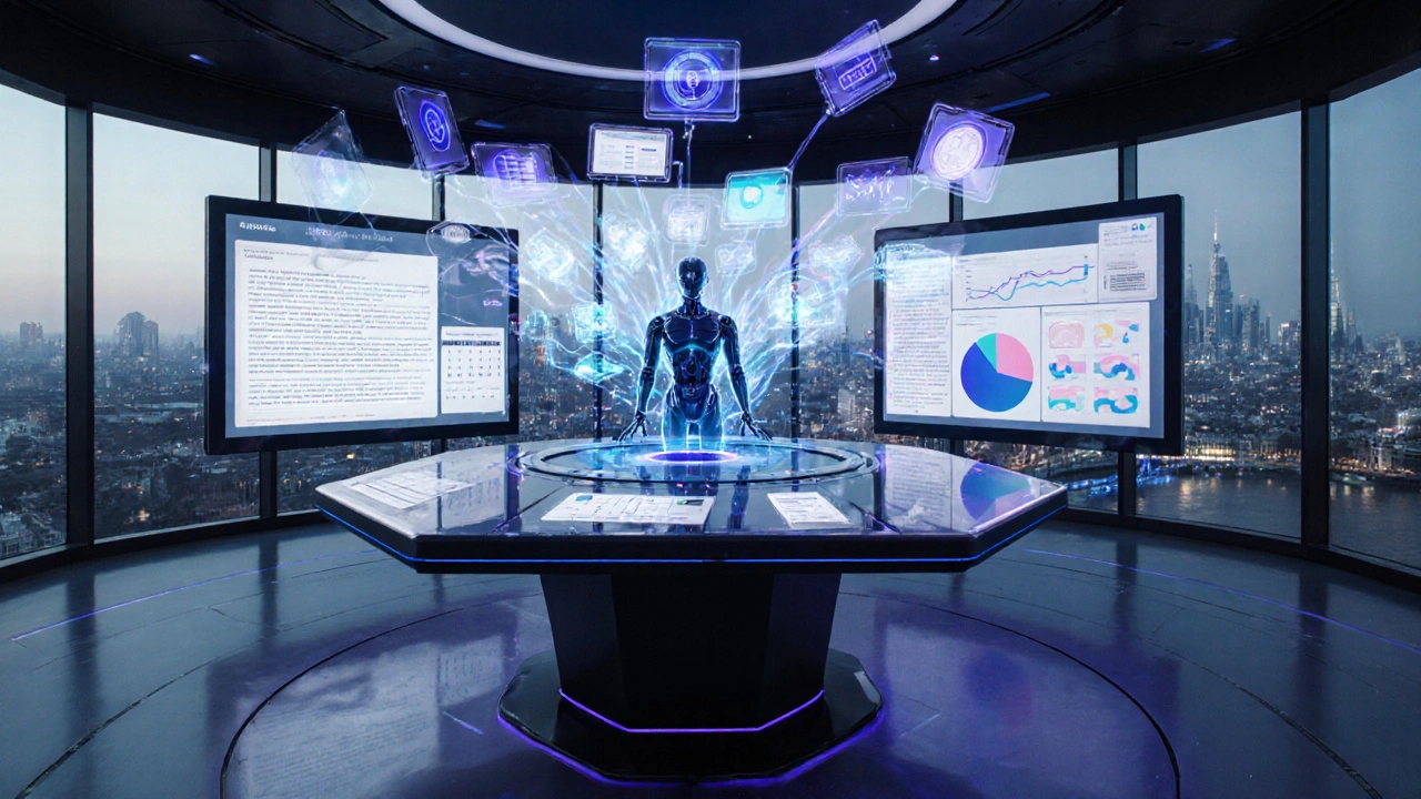 A futuristic control room displays AI-generated copy and analytics on holographic screens.