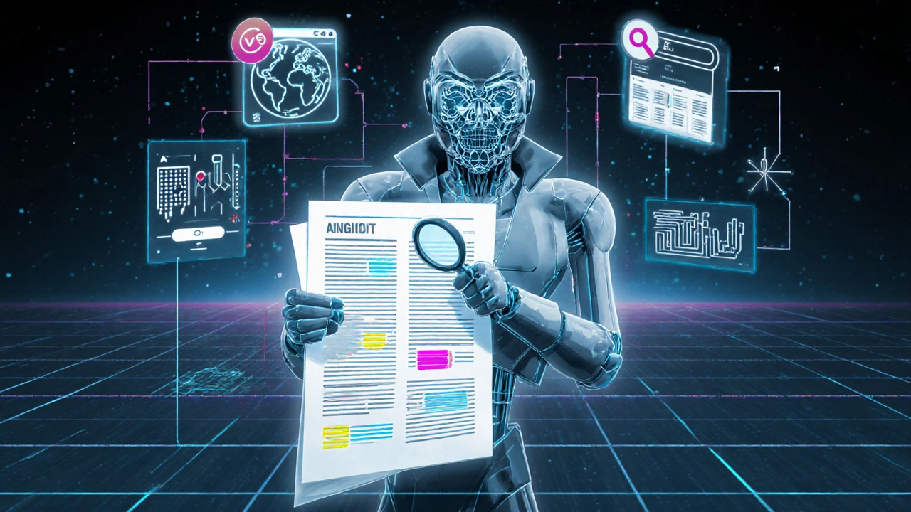 AI detective examining article, highlighting dubious claims with data connections.