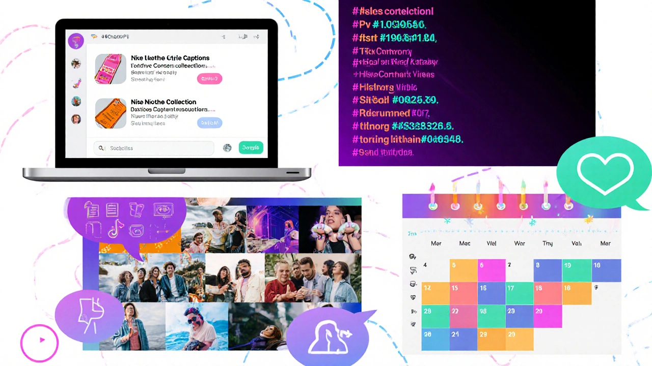 Collage illustration of AI‑generated captions, hashtags, trending videos, sentiment bubbles, and a content calendar.