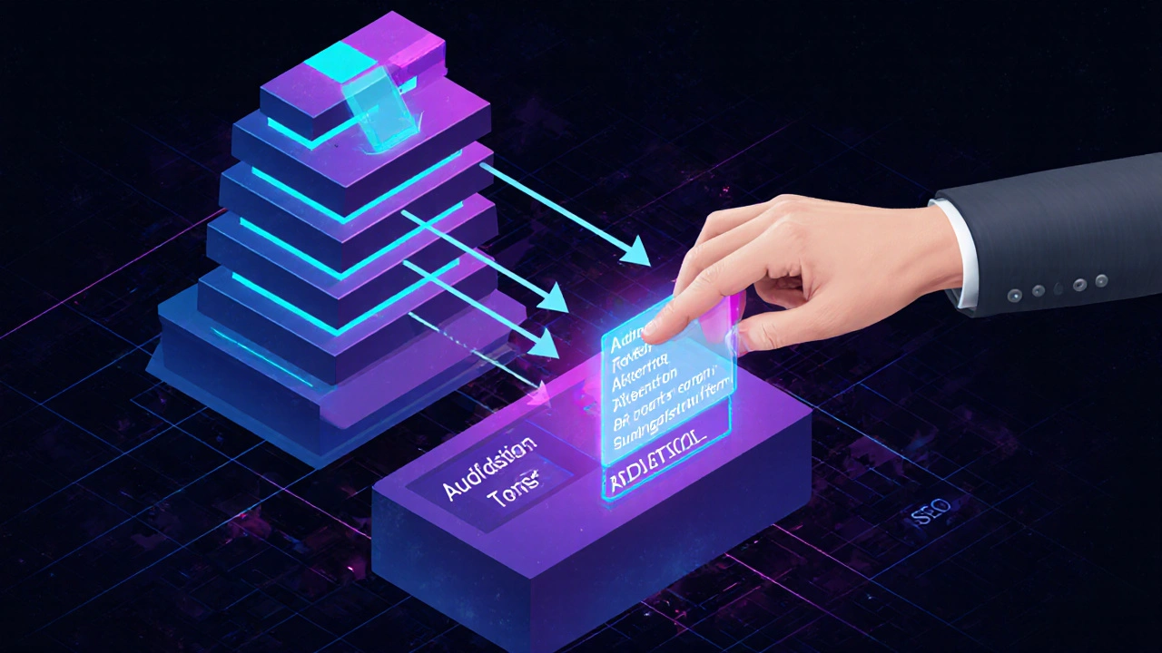 Diagram of GPT‑4 transformer layers with attention arrows and a hand typing a prompt.