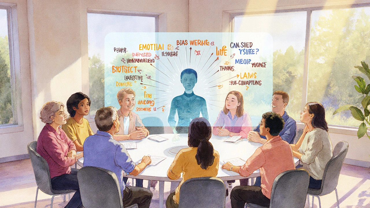 Diverse group learning media literacy from an AI hologram displaying bias map.