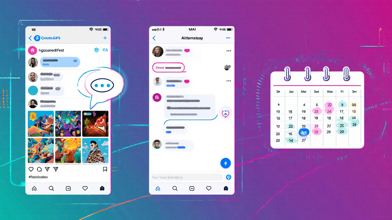 Illustration of a carousel post, AI reply chat bubble, and content calendar grid side by side.