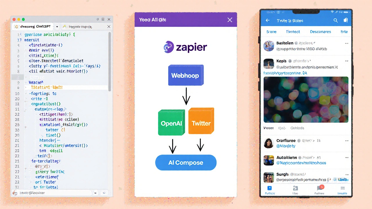 Illustration of three integration paths: code, Zapier, scheduler.