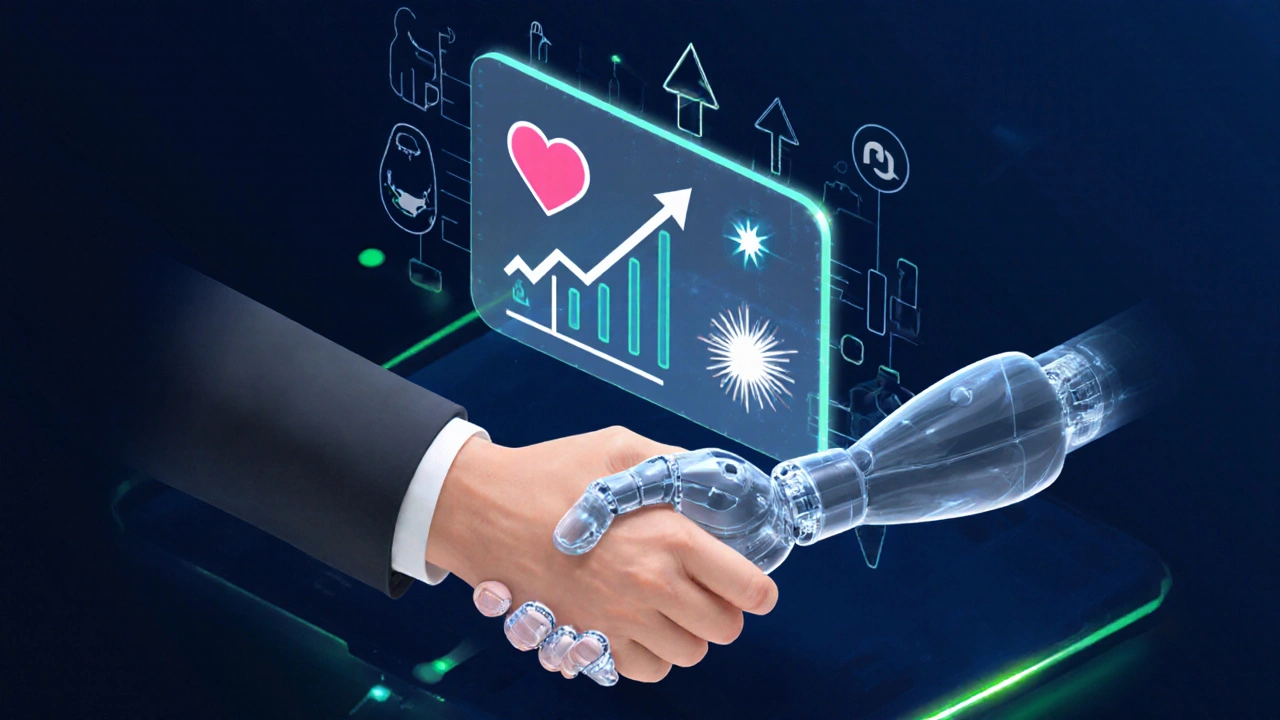 Isometric view of a holographic ROI dashboard with metric icons and a human‑robot handshake.