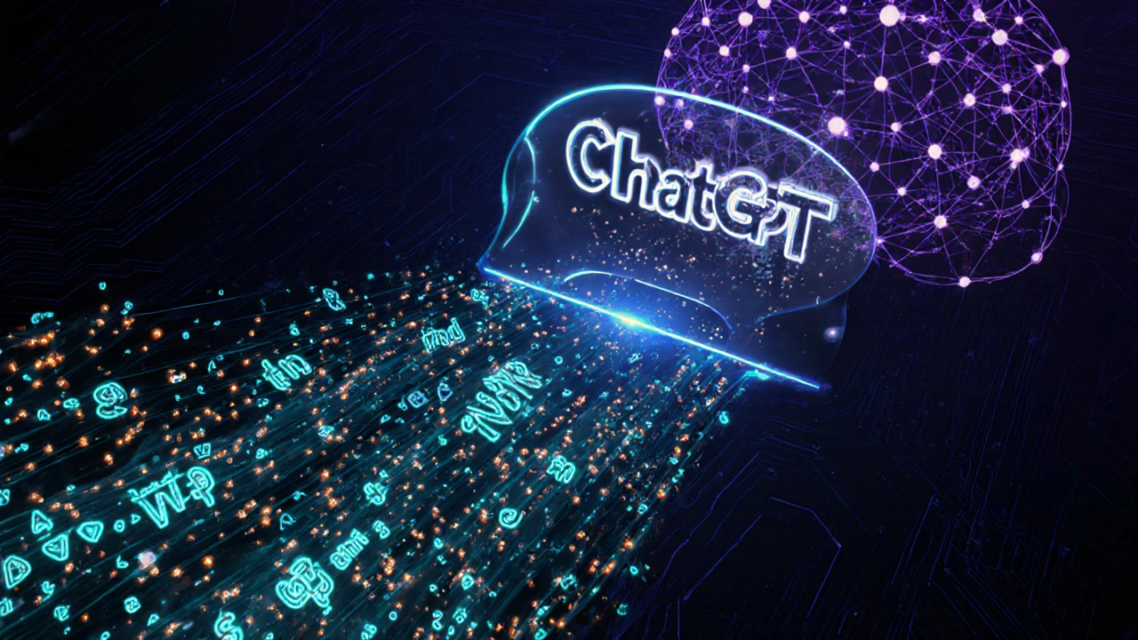 Luminous token particles swirl and assemble into text lines in a digital network.