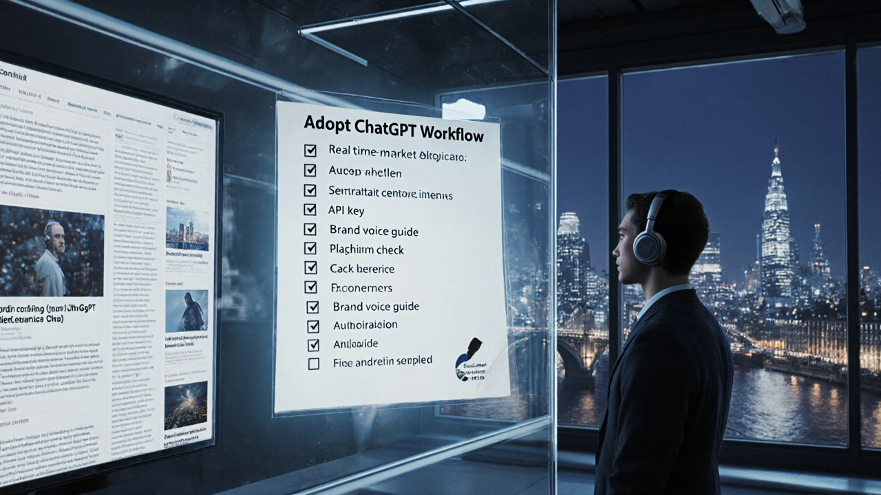 Modern content studio with screens showing live AI‑generated articles and a checklist.