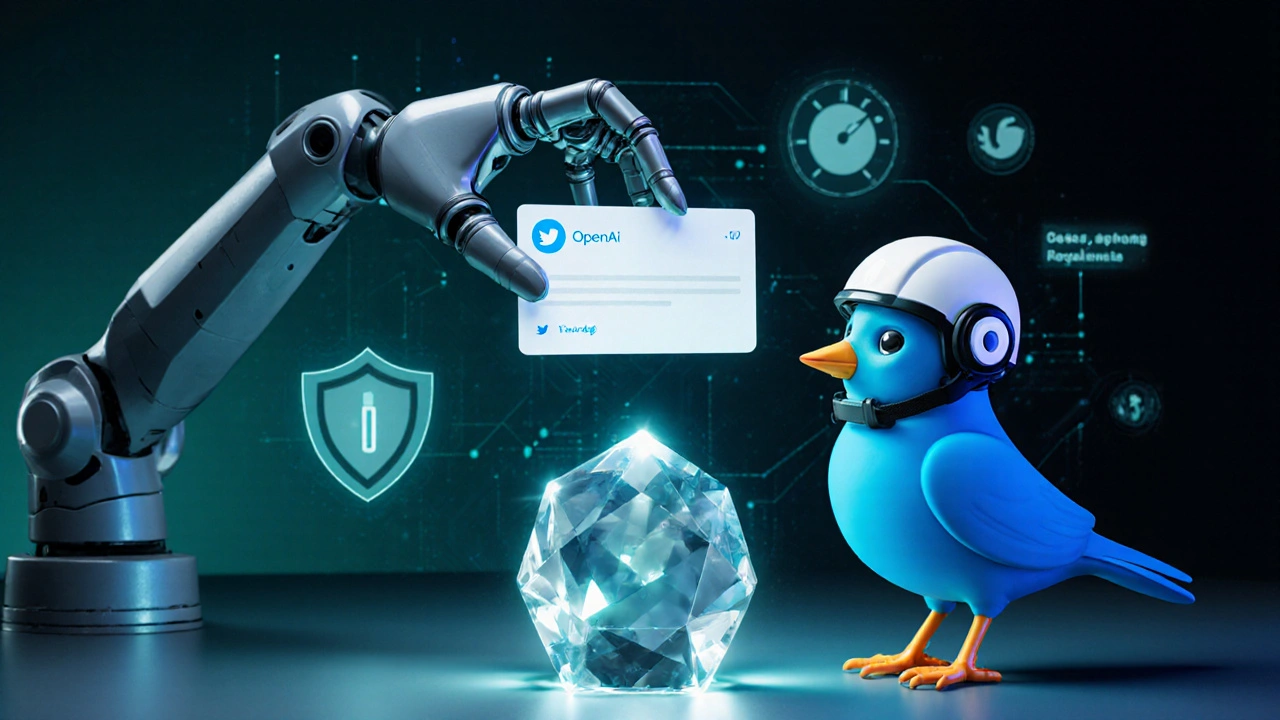 Robot arm passes a tweet to Twitter bird with moderation shield and rate‑limit gauge.