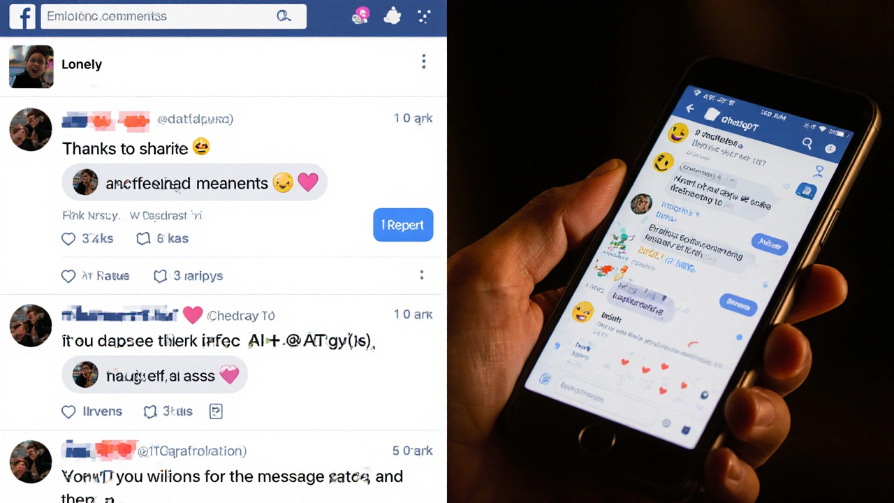 Split-screen showing a dull Facebook comment thread transforming into an engaging conversation.