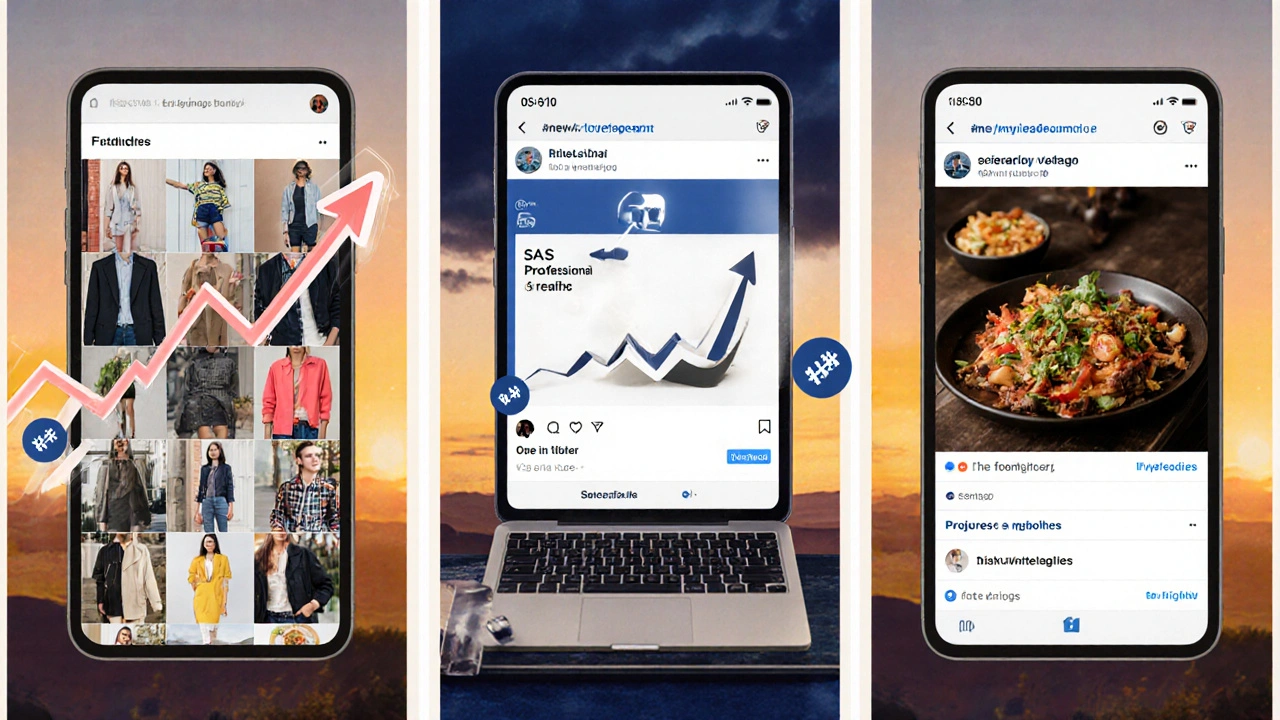 Three side‑by‑side scenes showing Instagram fashion post, LinkedIn SaaS update, and Facebook restaurant entry with rising engagement cues.