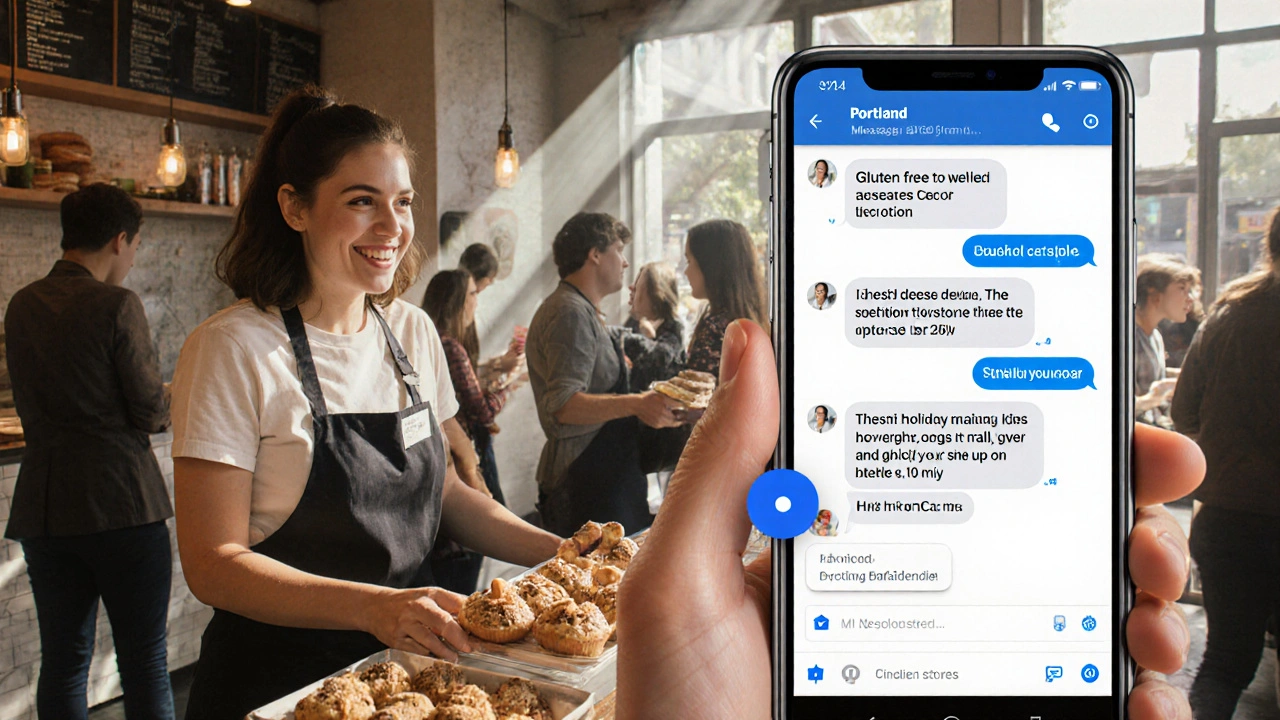 A bakery owner views an AI-generated reply in Facebook Messenger about gluten-free options and pickup times.