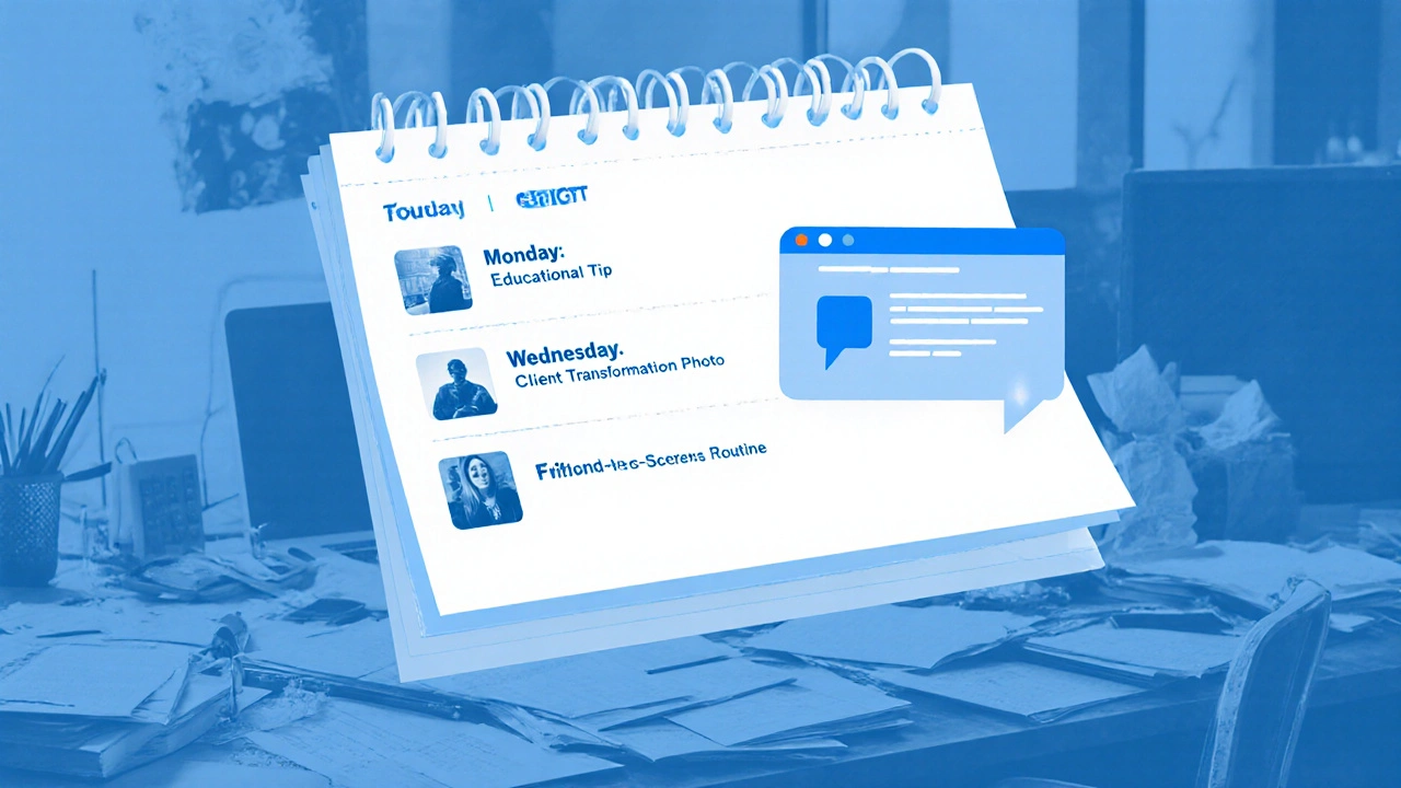 A digital content calendar with post types labeled and ChatGPT interface in the corner.
