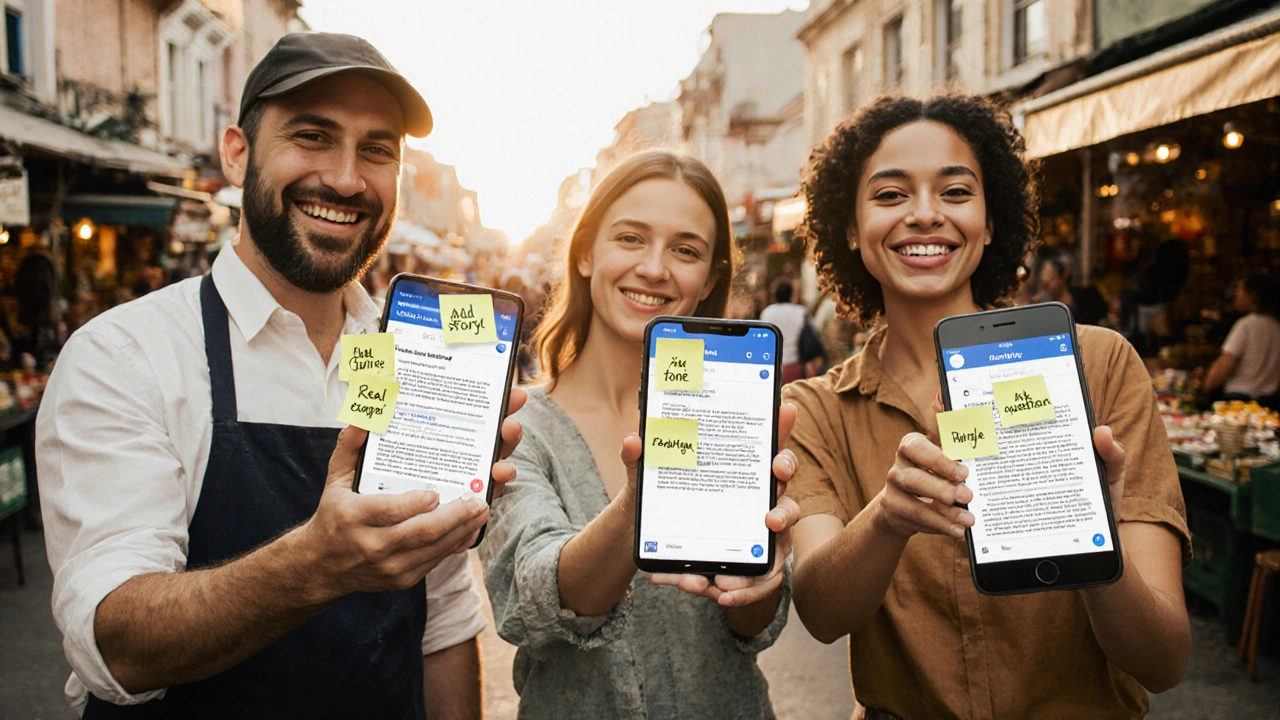 Australian small business owners editing AI drafts with sticky notes on phones
