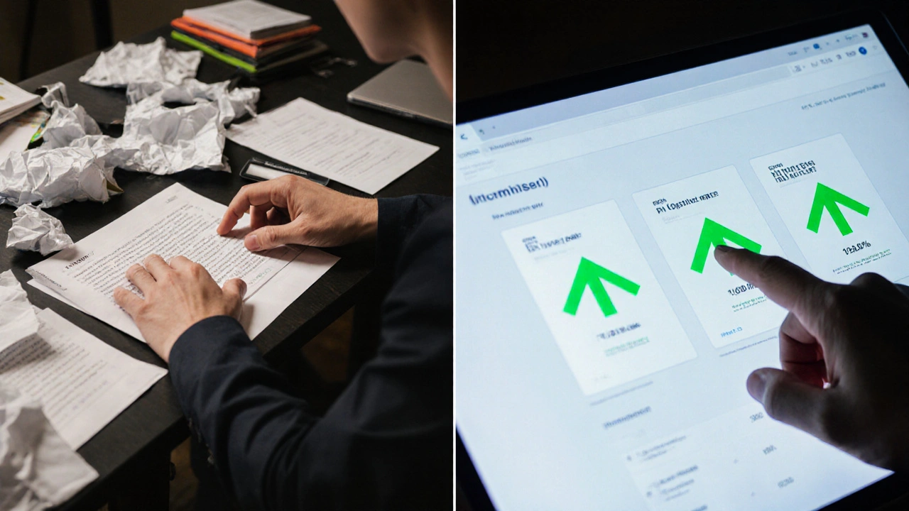 Before: messy desk with failed ads. After: calm hand publishes successful AI-generated ads.