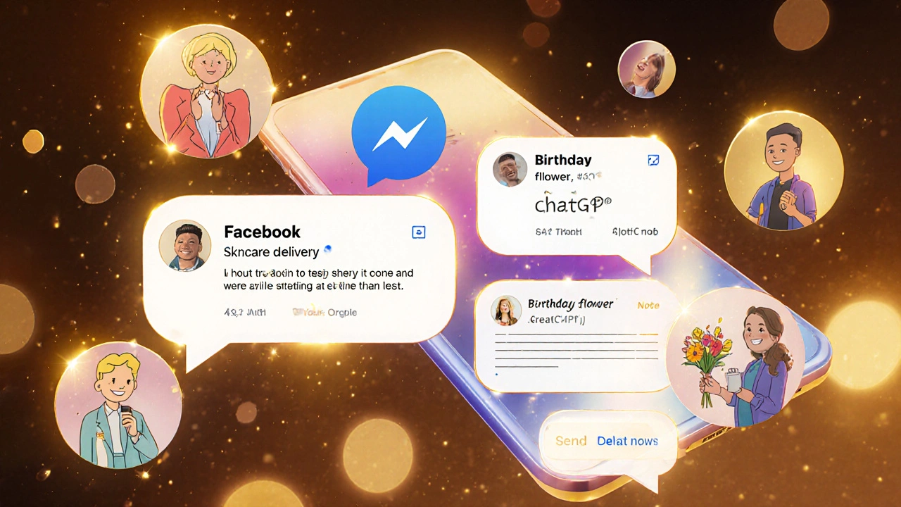Floating Facebook Messenger chats showing AI-generated replies for skincare, flowers, and content creators.