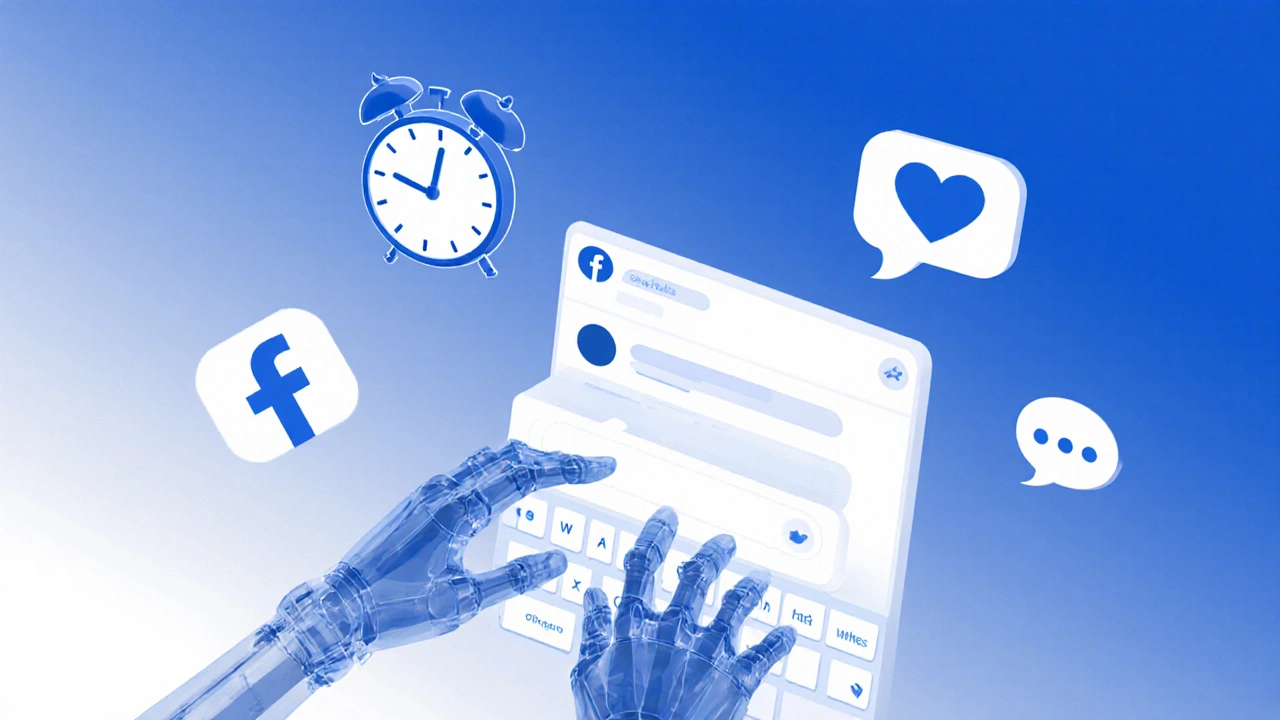 Human and AI hands collaborating to type a Facebook reply with engagement icons.