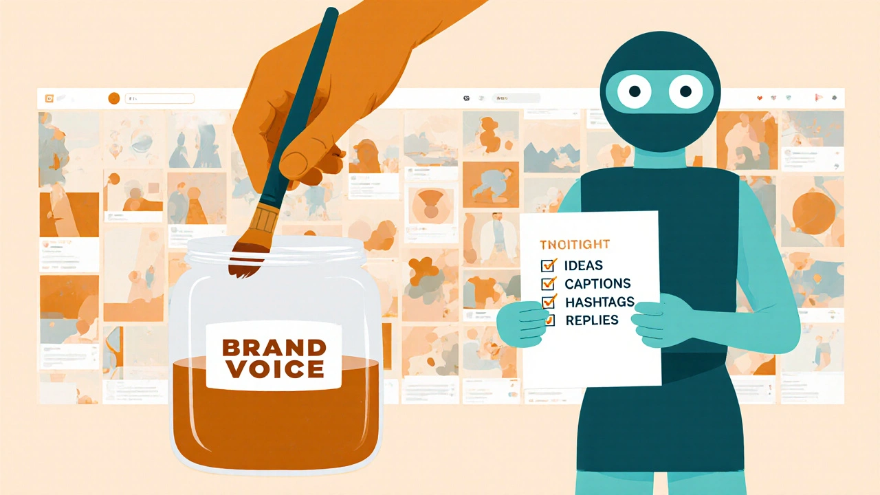 Human hand painting brand voice while AI assists with content checklist, surrounded by evolving Instagram feed.