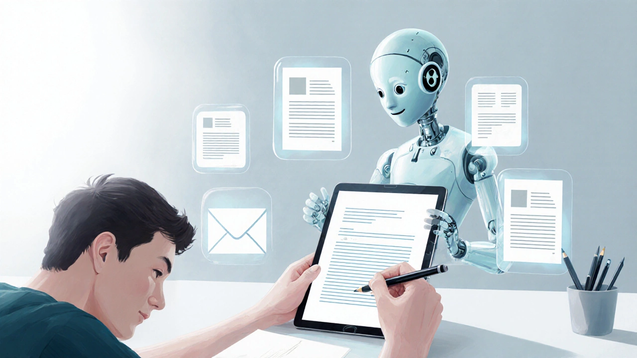 Human writer editing AI-generated content with a translucent AI co-writer hovering nearby.