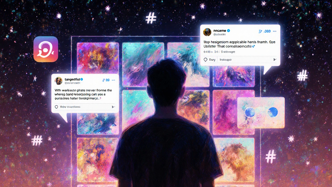 Person at center of glowing Instagram grid with Reels, comments, and hashtags floating around them.
