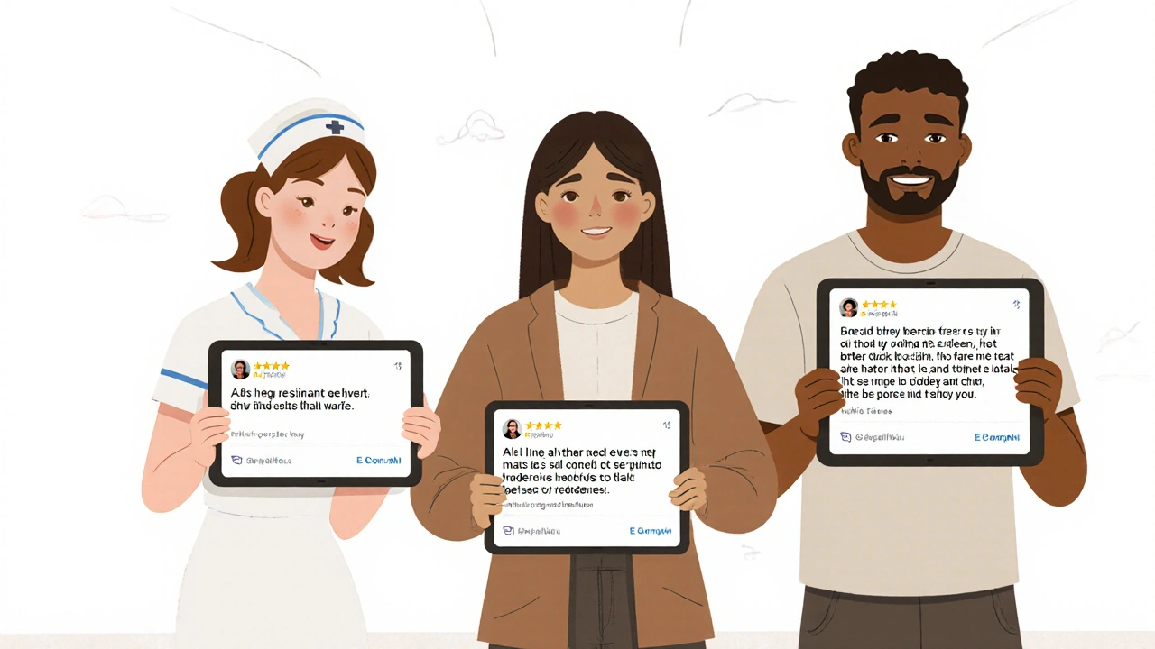 Real customers hold tablets showing ads crafted from their own quotes in a clean white space.