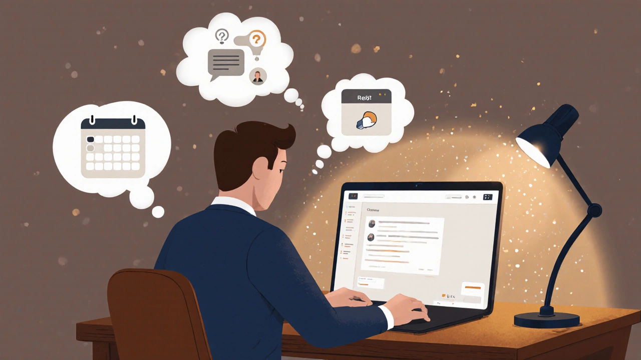 Small business owner working at desk with ChatGPT interface nearby, thought bubbles showing content ideas.