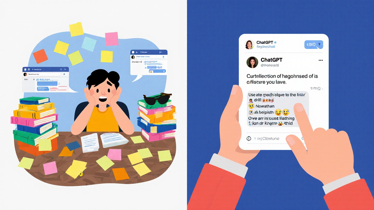 Split-screen showing frustration vs. relief when using AI to manage Facebook replies.