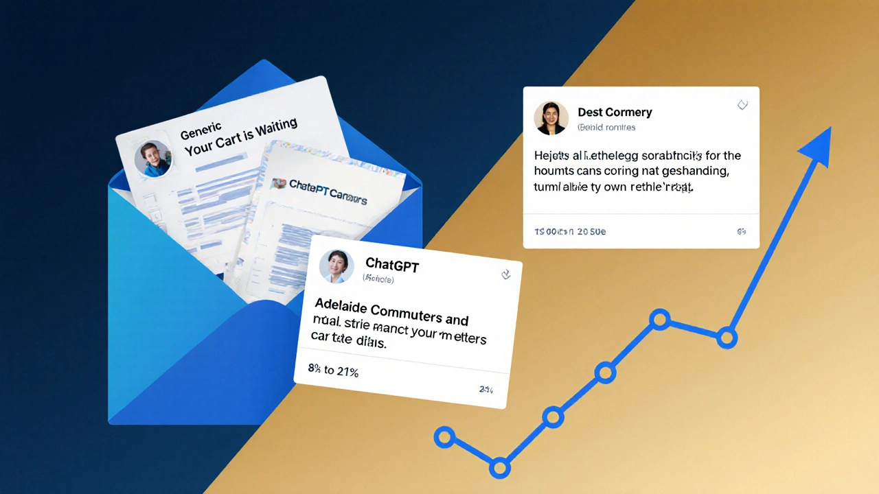 Split-screen showing generic vs. personalized emails, with a rising recovery rate graph above.