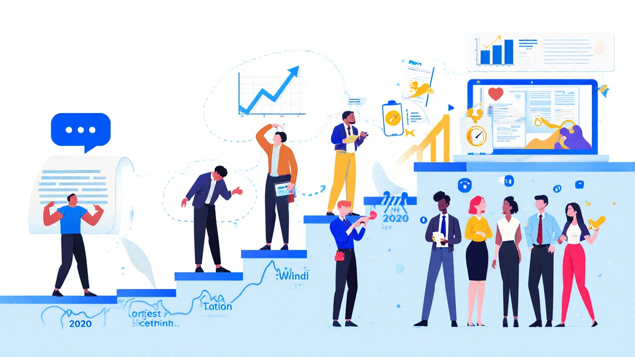 Timeline showing evolution of content creation from solitary struggle to AI-assisted teamwork.