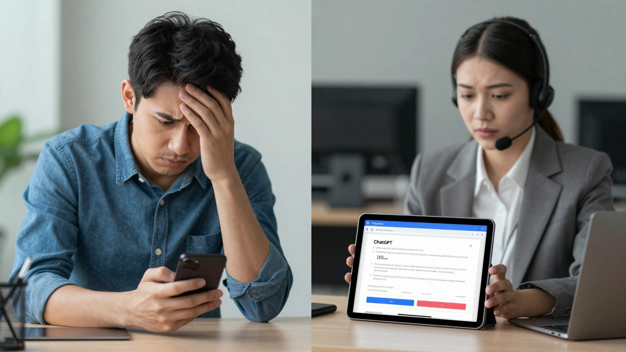 A customer service agent reviewing an AI-generated response to a complaint, with a tablet showing a discount offer and tracking details.
