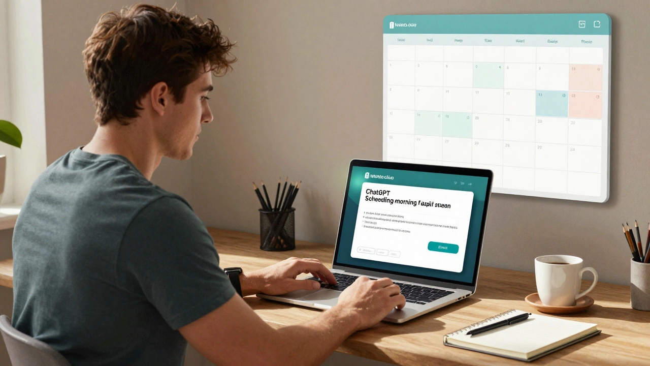 A fitness coach at a desk watching AI schedule morning replies on a laptop screen.