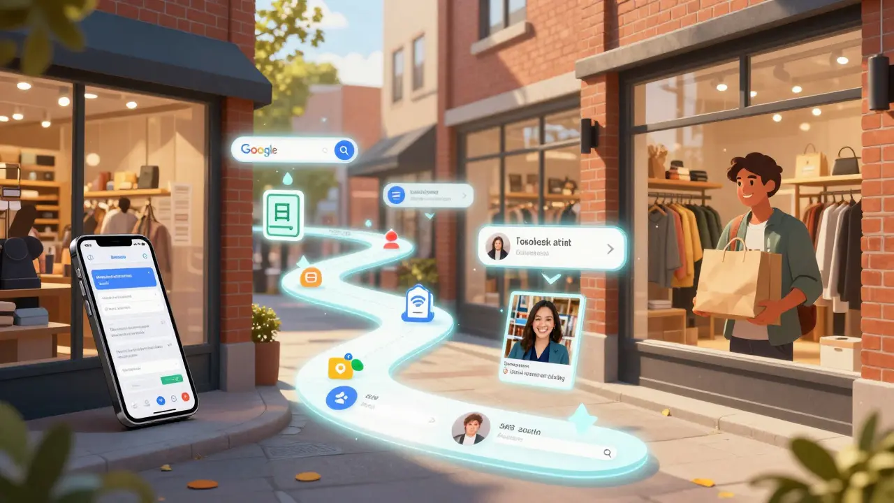 A glowing digital path connects online actions like reviews and ads to a customer making a purchase in a physical store.