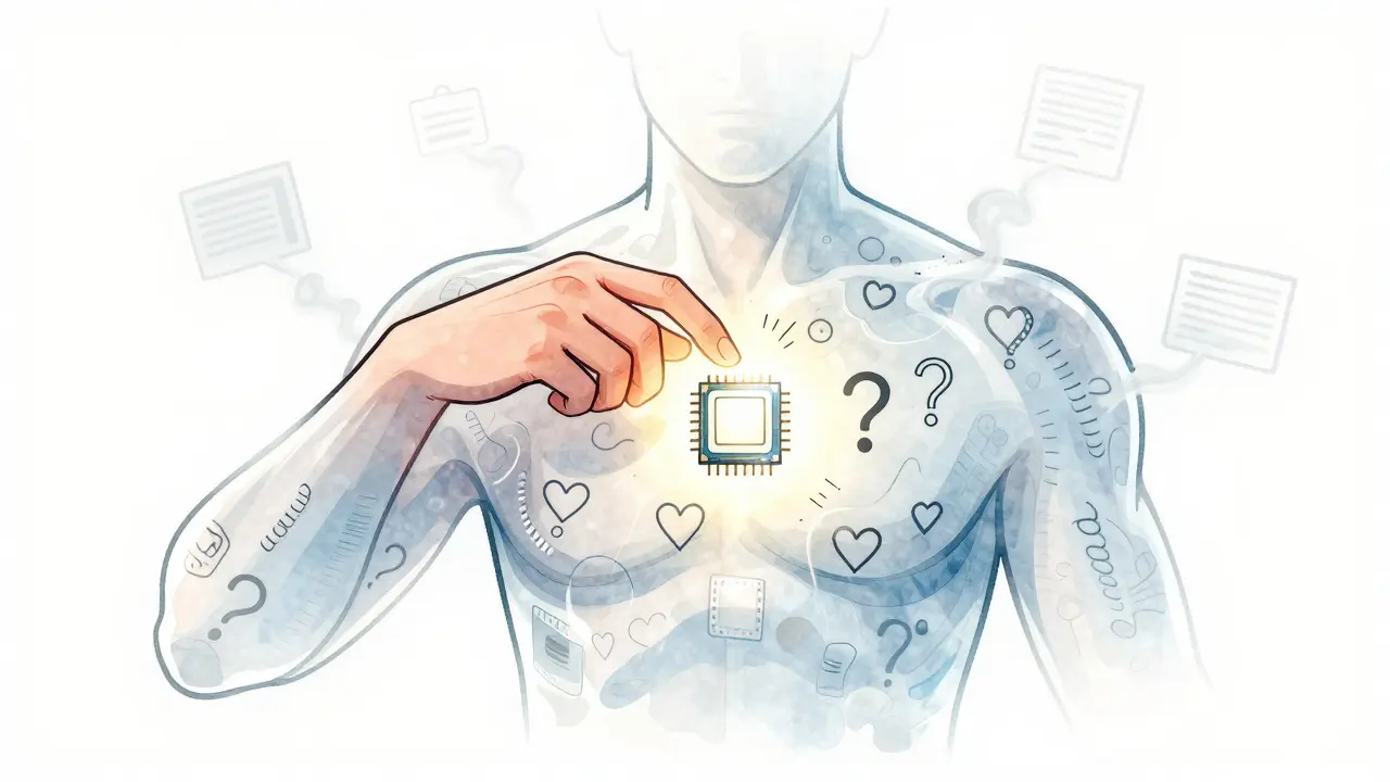 A human figure made of text with an AI chip placed in its chest, symbolizing brand soul enhanced by artificial intelligence.
