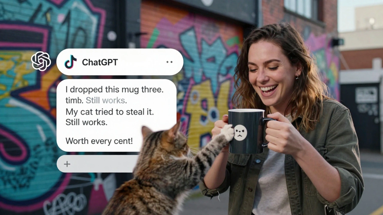 A person filming a TikTok video with a coffee mug and cat, split-screen showing AI-transformed text.