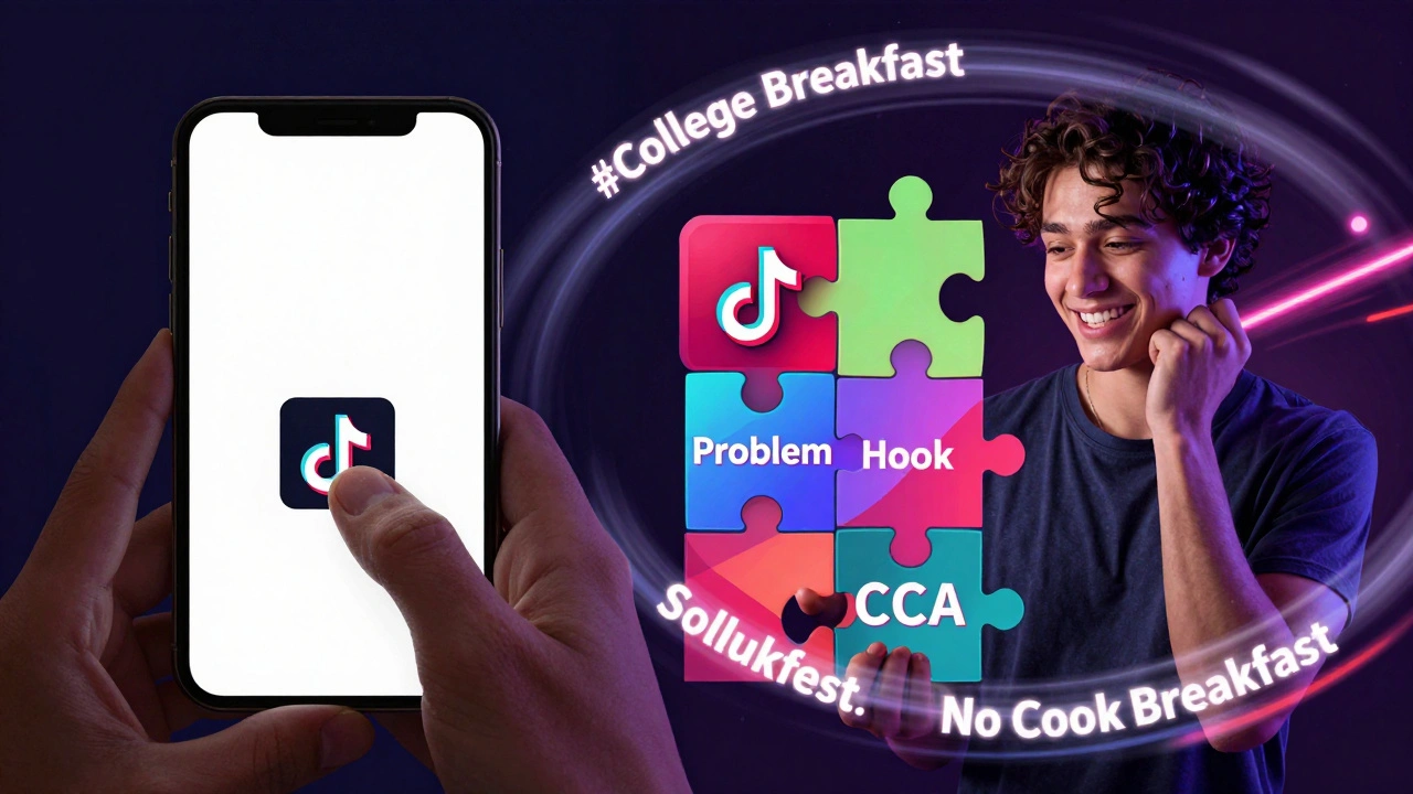 A split-screen showing creative struggle turning into vibrant TikTok script ideas with hashtags.