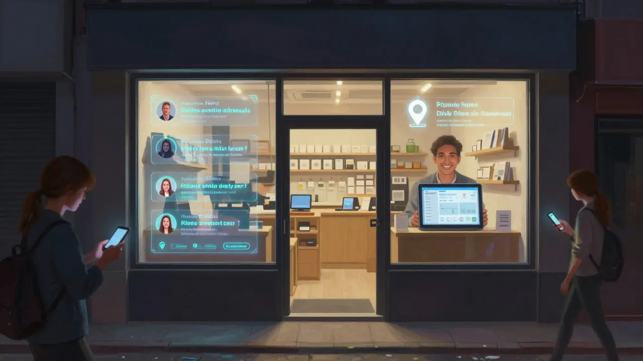 A storefront at night projecting personalized offers and reviews onto its windows, with customers receiving location-based alerts on their phones.