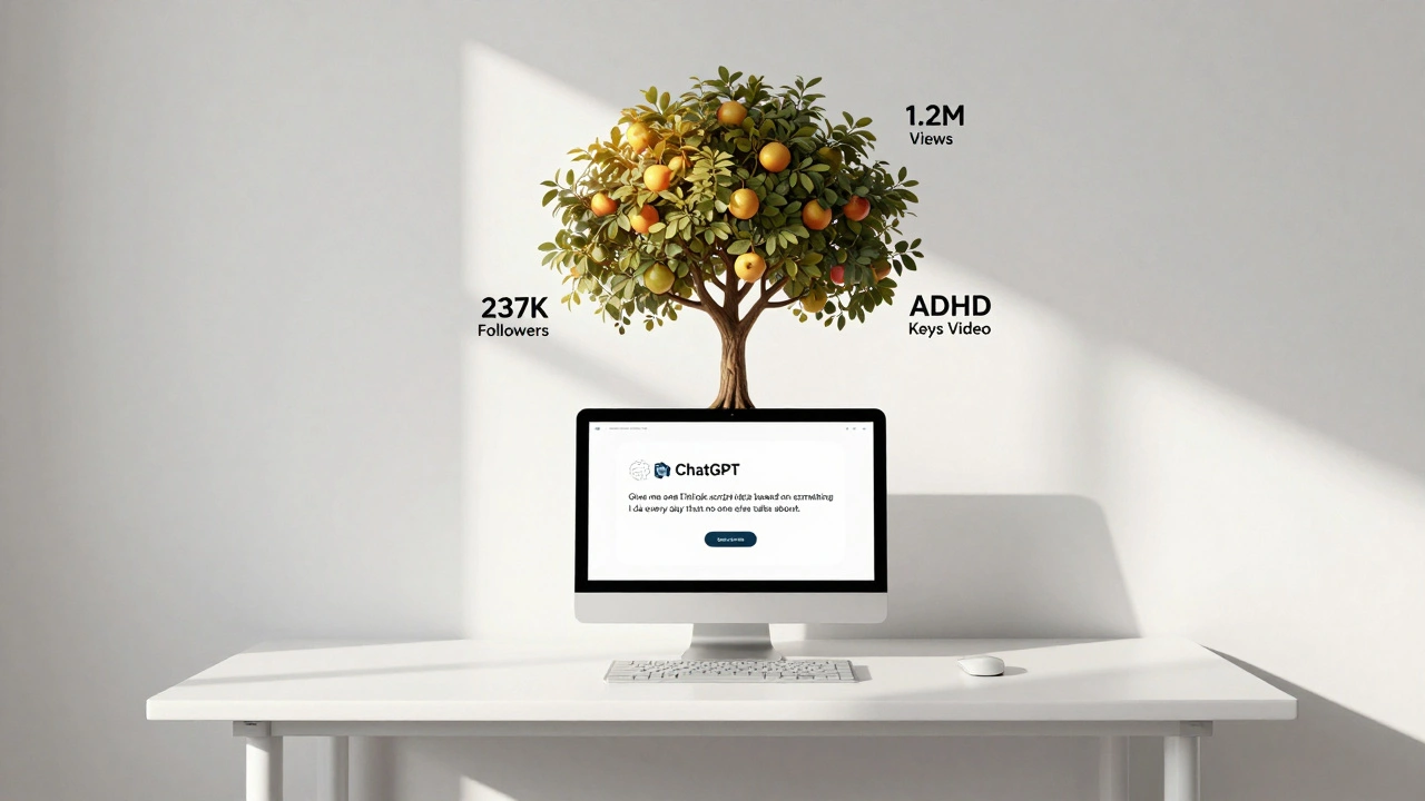 A tree grows from a laptop screen displaying a ChatGPT prompt, symbolizing content growth.