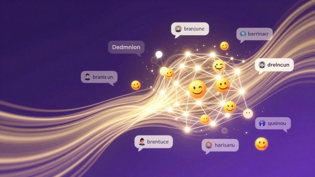 An abstract neural network of text and emojis connecting brands to users, symbolizing AI-powered social media conversations.