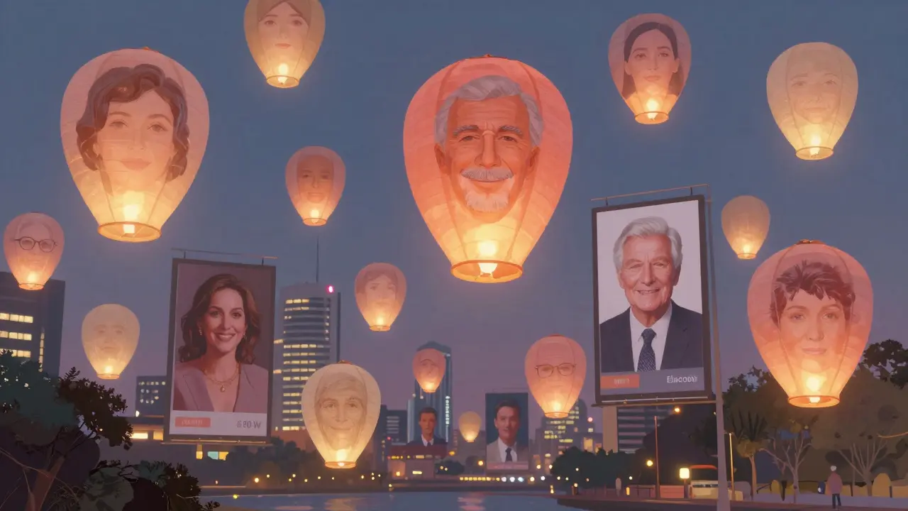 Personalized ad banners shaped like human faces floating above a city, each tailored to different demographics.