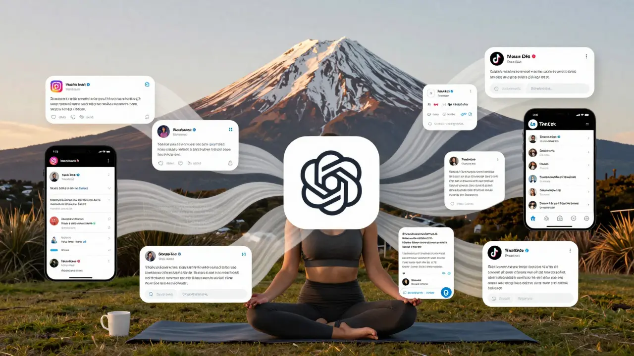 Social media platforms animated with AI-generated content flowing from a central ChatGPT icon, featuring New Zealand landscape elements.