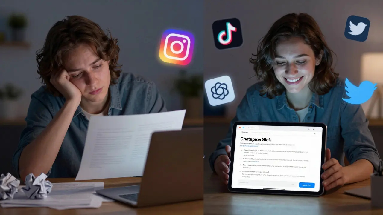 Split-screen of a stressed social media manager versus one using AI to quickly create posts and replies.