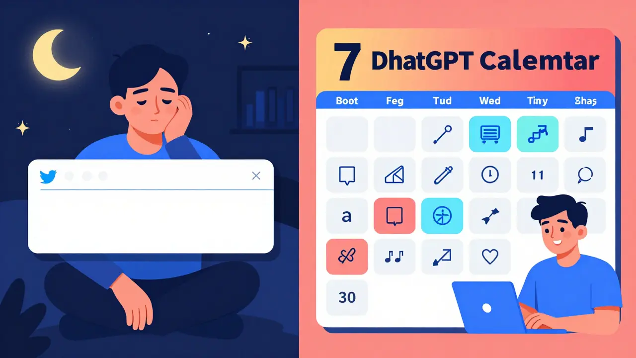 Split-screen showing frustration with blank tweet vs. organized content calendar generated by ChatGPT.