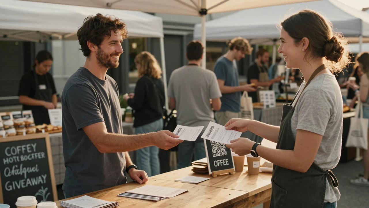 Two local business owners exchanging flyers at a farmers market, promoting a joint giveaway.