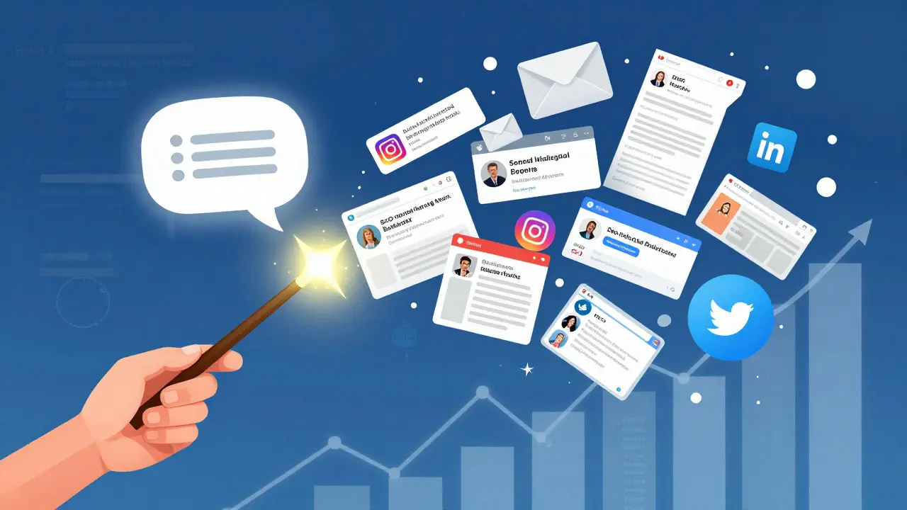 A hand holding a chat bubble wand transforming one blog post into multiple social media formats and SEO elements.