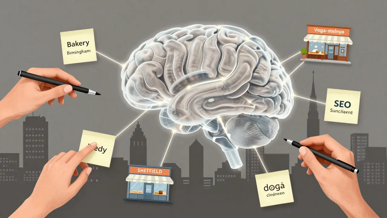 AI brain connected by glowing threads to small UK businesses, symbolizing personalized marketing at scale.