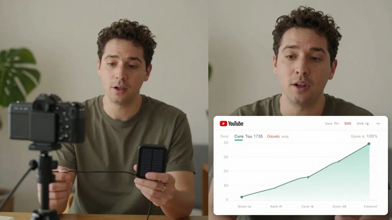 Creator filming a genuine product review video with sales dashboard in background.