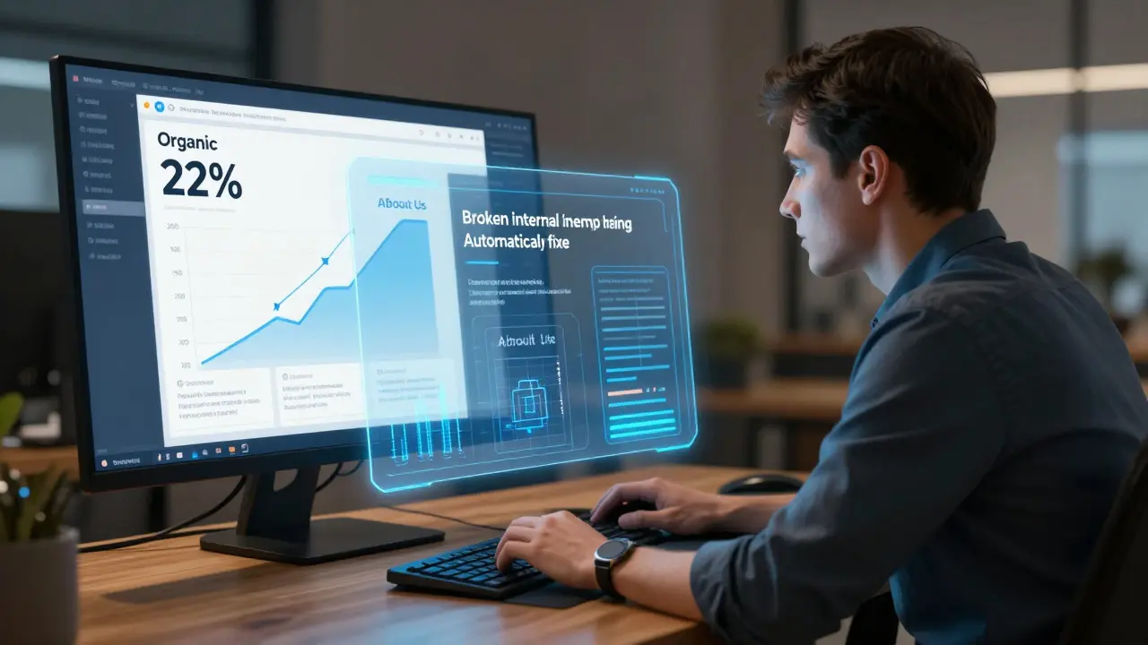 Digital dashboard with rising traffic graph and AI interface fixing broken internal links on a website.