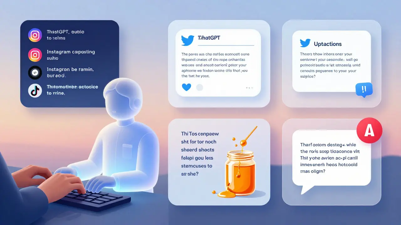 Digital illustration of AI assistant helping human create social media content across four platforms.