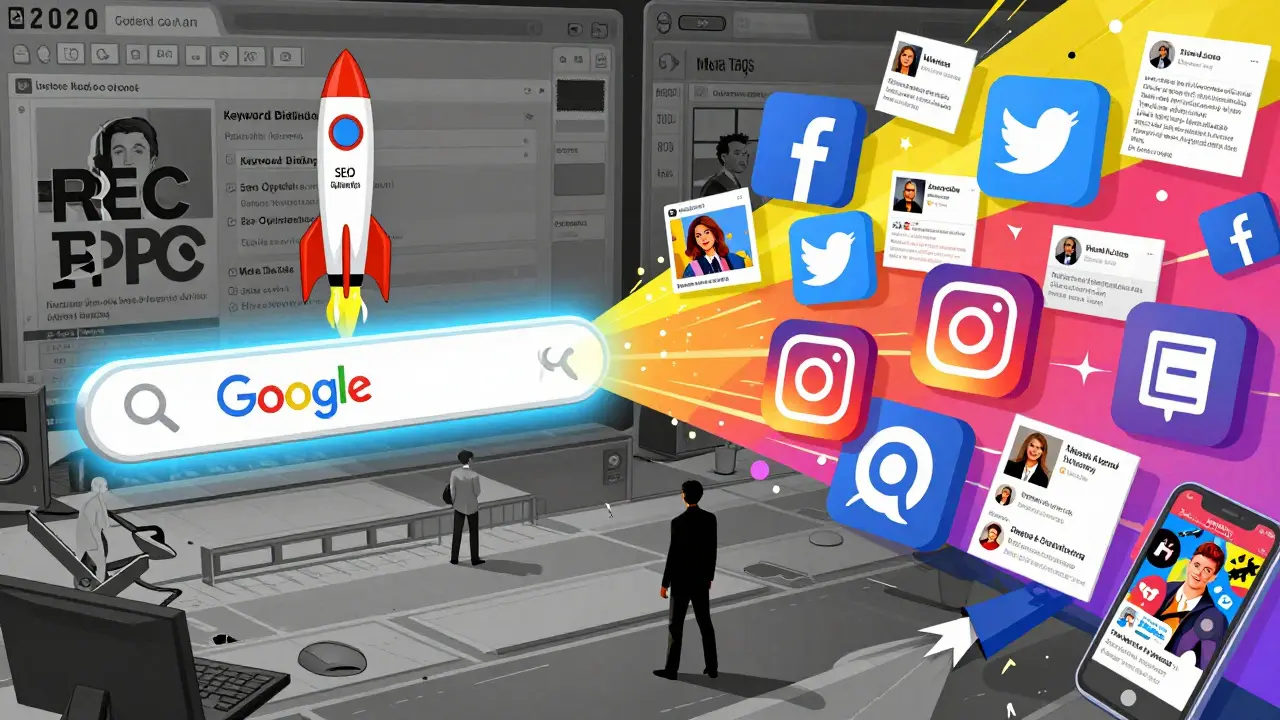 Digital marketing evolution: Google ads and social media icons rising from early web pages.