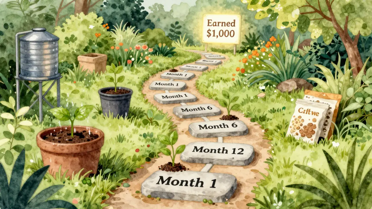 Garden path symbolizing affiliate marketing growth over time with eco-friendly products.