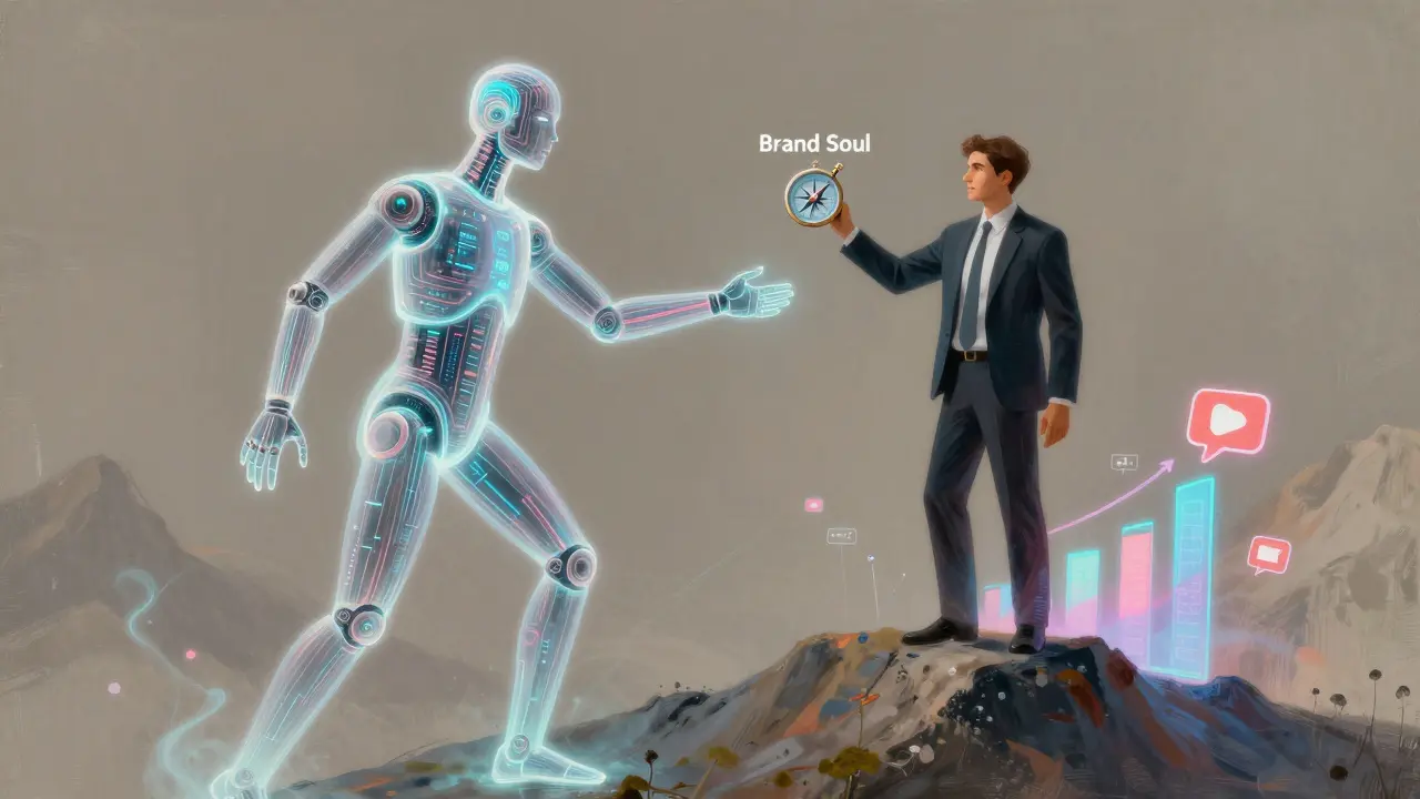 Human and AI figure reaching toward each other above rising marketing metrics, symbolizing collaboration.
