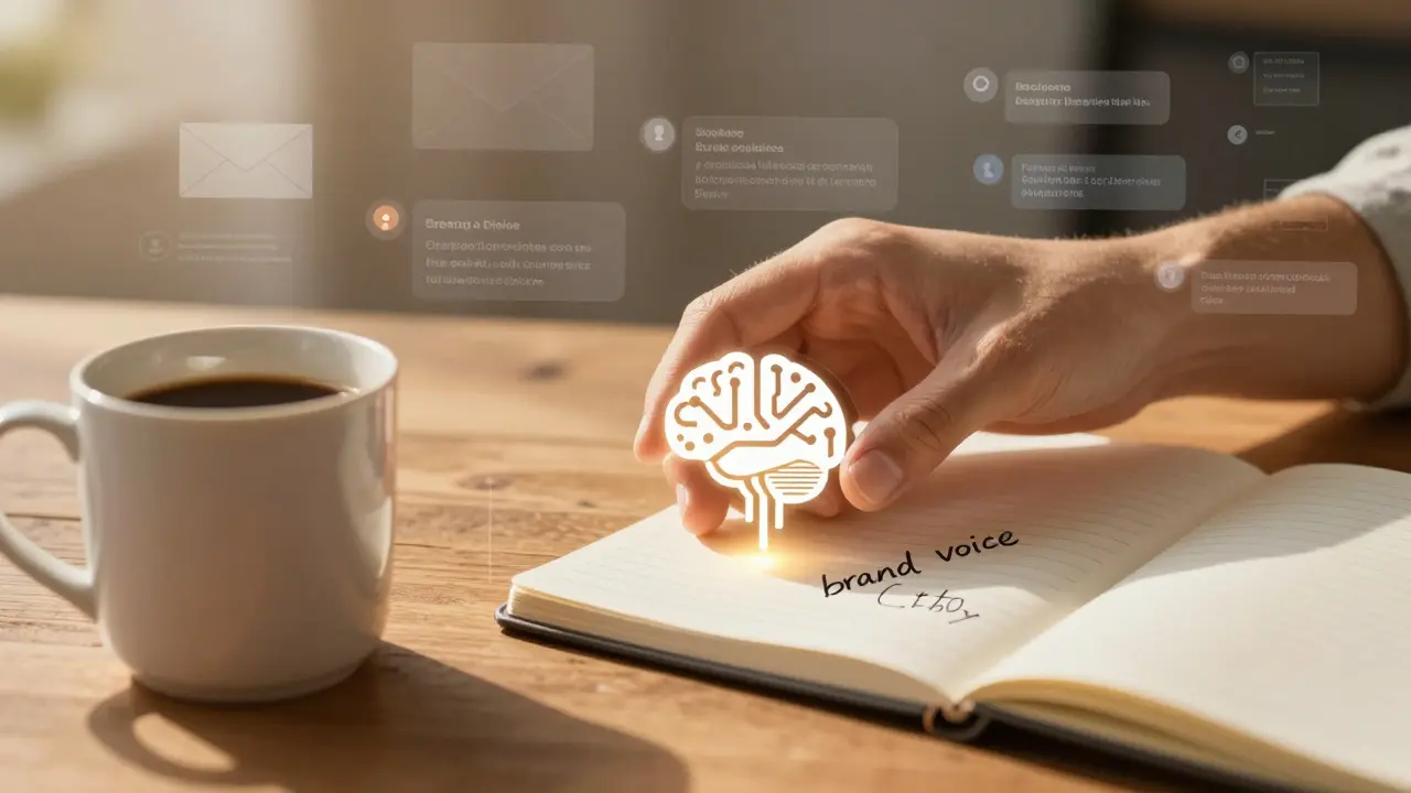 Human hand placing an AI icon beside a notebook with notes on brand voice and empathy.